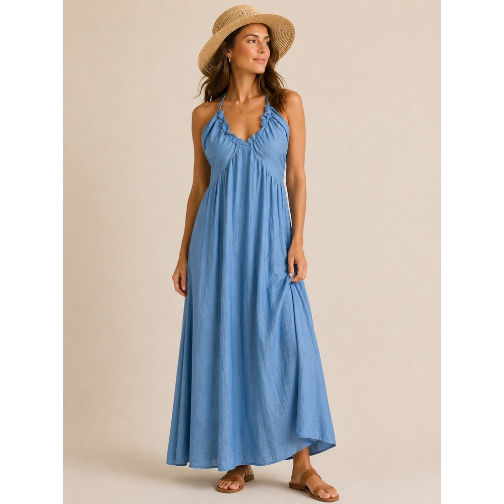 Cupshe Ruffle Halter Maxi Dress Womens Size M Blue Boho Summer Beach Vacation